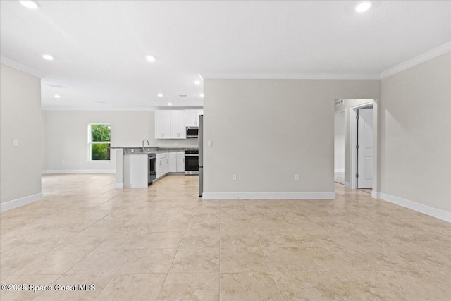 unfurnished living room featuring crown molding, recessed lighting, light tile patterned flooring, a sink, and baseboards