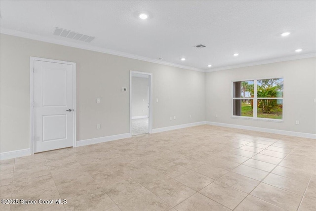 empty room featuring crown molding, recessed lighting, visible vents, and baseboards