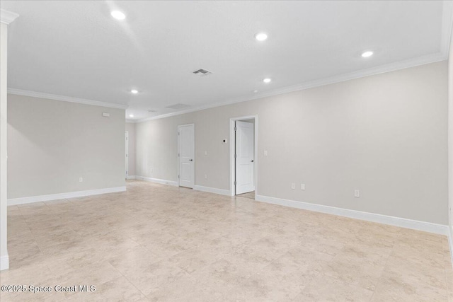 unfurnished room with baseboards, ornamental molding, and recessed lighting