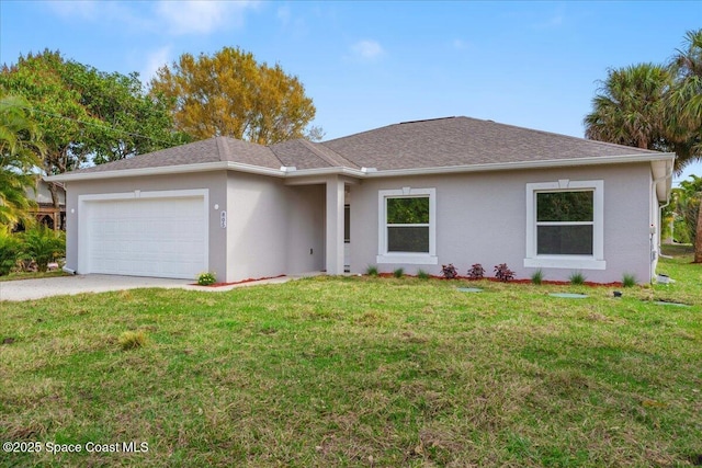 ranch-style house featuring a garage, driveway, a shingled roof, stucco siding, and a front yard