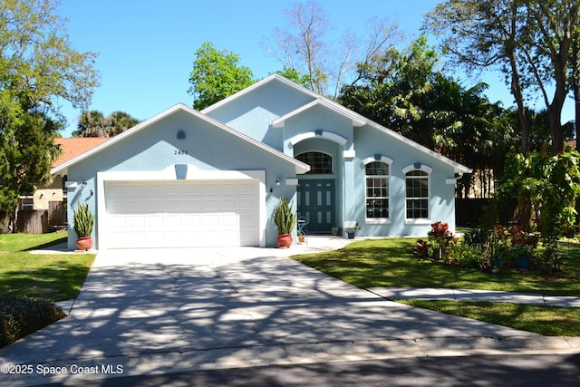 ranch-style home with stucco siding, an attached garage, driveway, and a front yard