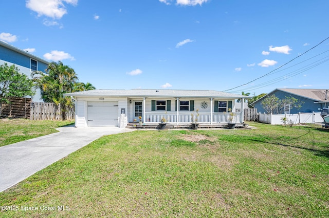 ranch-style home featuring a porch, an attached garage, fence, driveway, and a front lawn