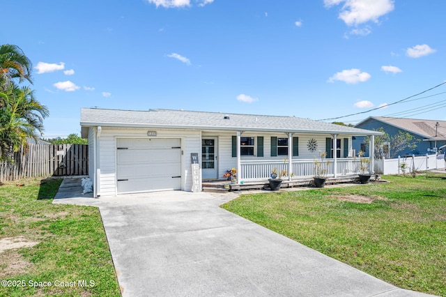 ranch-style house featuring covered porch, a garage, fence, driveway, and a front lawn