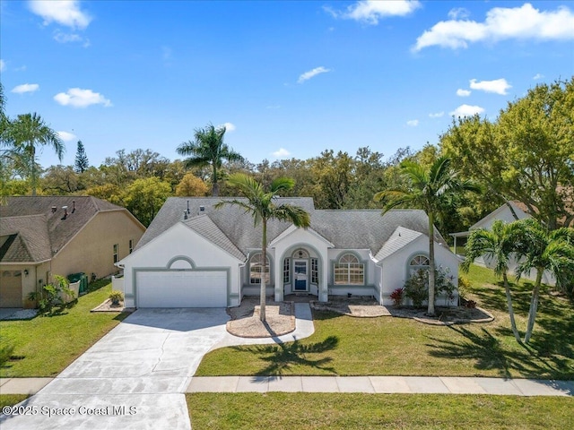 view of front of home featuring stucco siding, driveway, an attached garage, and a front yard