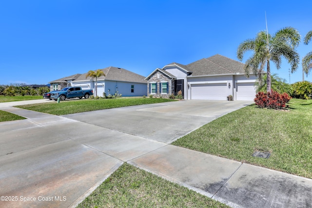 ranch-style house with a garage, driveway, a front yard, and stucco siding