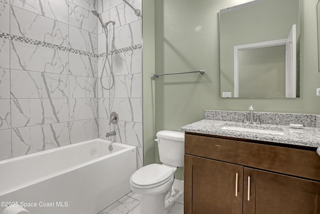 full bath with toilet, marble finish floor, shower / washtub combination, and vanity