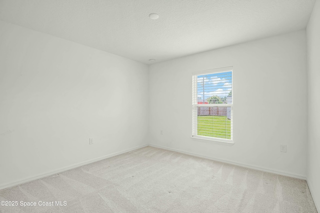 spare room with light carpet, a textured ceiling, and baseboards