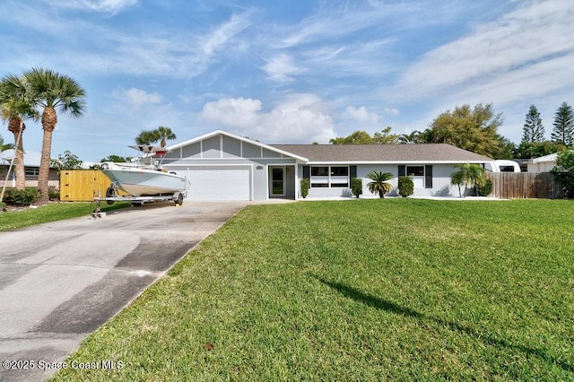 ranch-style house with an attached garage, driveway, a front lawn, and fence