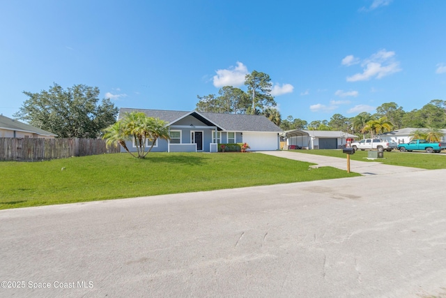 ranch-style home featuring a garage, concrete driveway, a front lawn, and fence