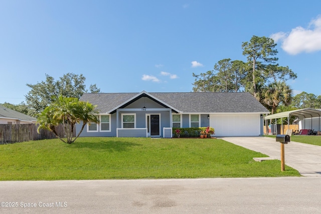 single story home with a garage, concrete driveway, fence, a front lawn, and central AC