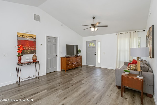 entrance foyer with ceiling fan, wood finished floors, visible vents, and baseboards