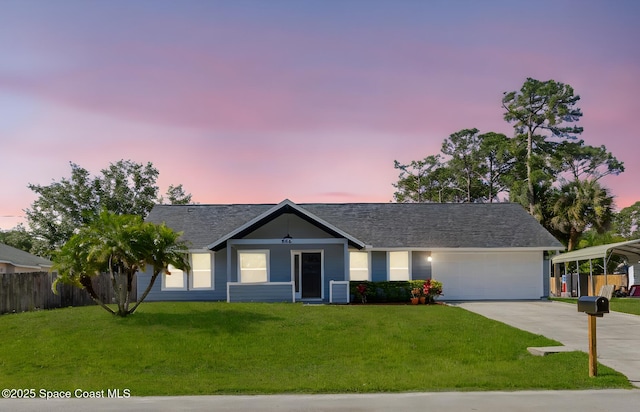 single story home with a garage, driveway, a front yard, and fence