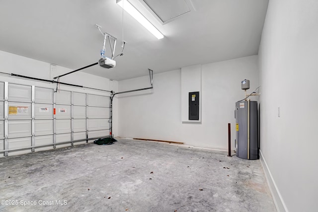 garage with baseboards, gas water heater, electric panel, and a garage door opener