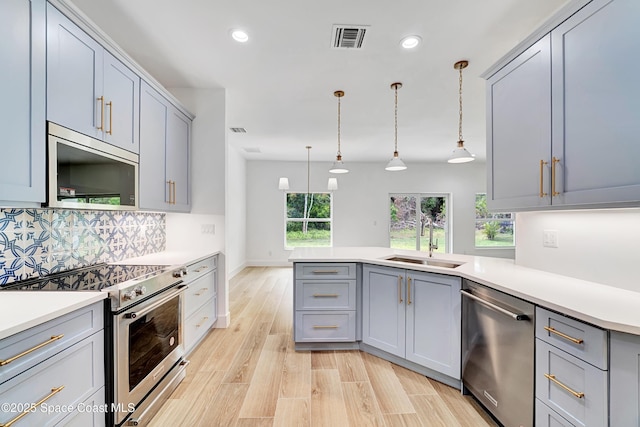 kitchen featuring gray cabinetry, stainless steel appliances, a sink, visible vents, and decorative backsplash