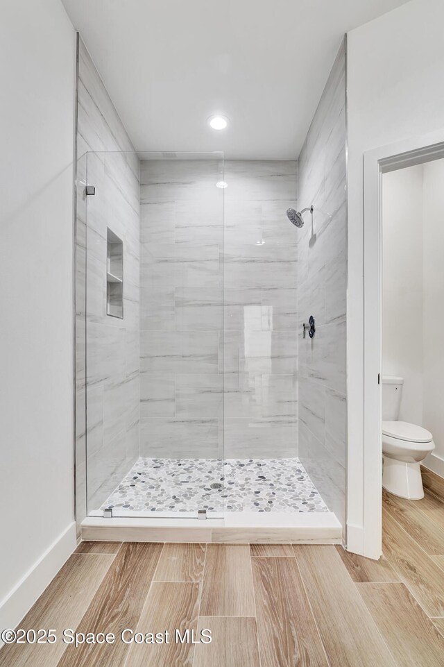 full bathroom featuring toilet, a stall shower, wood tiled floor, and baseboards