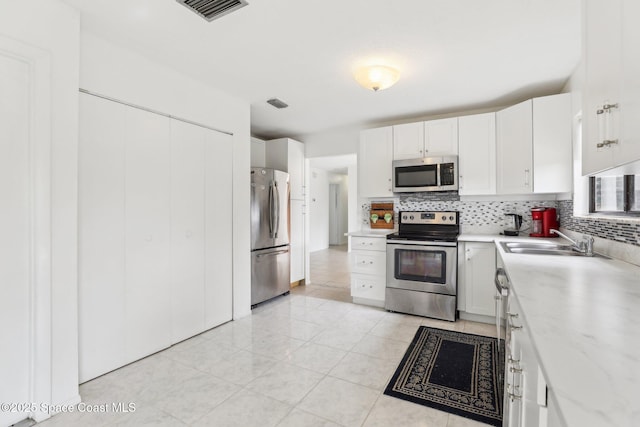 kitchen featuring visible vents, white cabinets, decorative backsplash, appliances with stainless steel finishes, and a sink