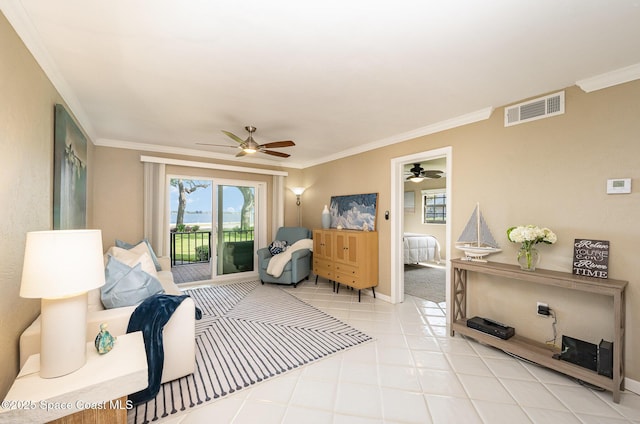 bedroom featuring visible vents, ornamental molding, access to outside, light tile patterned floors, and baseboards