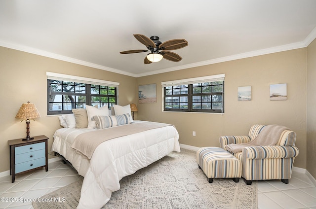 bedroom featuring light tile patterned floors, baseboards, and ornamental molding