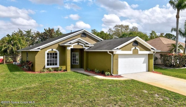 single story home featuring driveway, a front lawn, an attached garage, and stucco siding