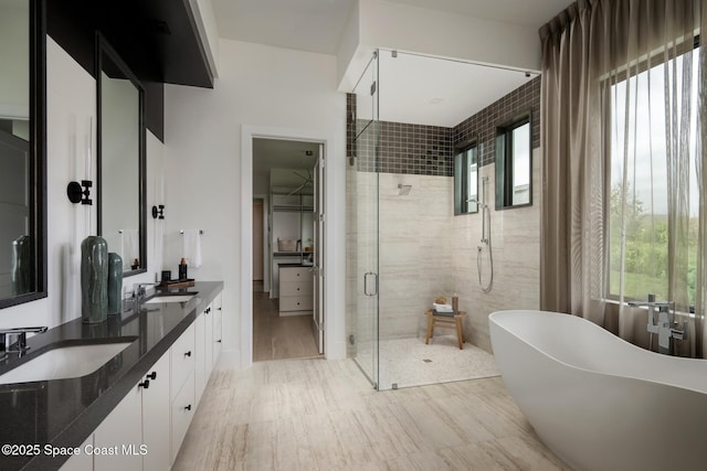 bathroom featuring double vanity, a freestanding tub, a sink, and a shower stall