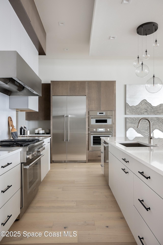 kitchen featuring modern cabinets, high end appliances, a sink, and light countertops