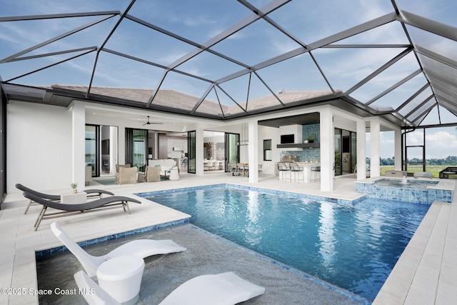 view of pool with outdoor lounge area, a patio, outdoor dry bar, and ceiling fan