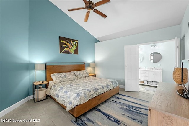 bedroom featuring baseboards, connected bathroom, ceiling fan, high vaulted ceiling, and light tile patterned flooring