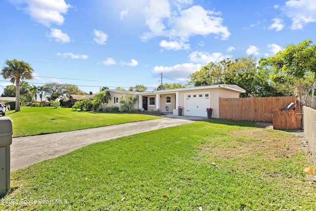 single story home featuring a garage, driveway, a front lawn, and fence