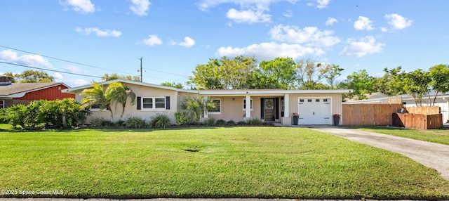 ranch-style house with driveway, a garage, fence, a front lawn, and stucco siding