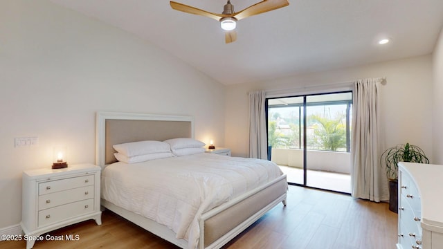 bedroom with lofted ceiling, ceiling fan, light wood-style flooring, recessed lighting, and access to exterior