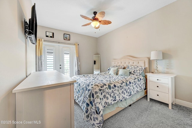 bedroom featuring light carpet, a ceiling fan, baseboards, and access to exterior