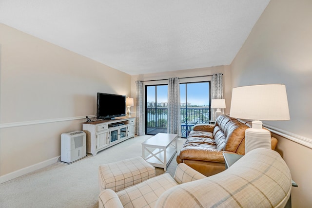 living room featuring baseboards and light colored carpet