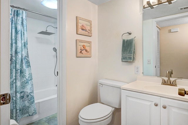 bathroom with shower / tub combo, visible vents, vanity, and toilet