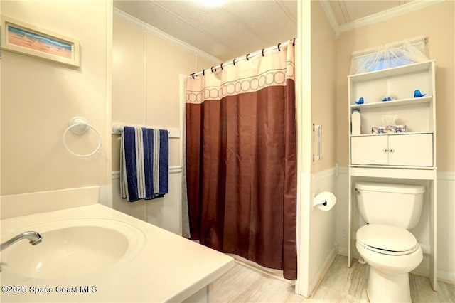 full bathroom with toilet, a shower with curtain, crown molding, and vanity