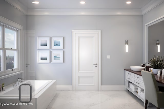 bathroom featuring recessed lighting, baseboards, a garden tub, and marble finish floor