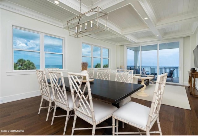 dining area featuring beam ceiling, dark wood-type flooring, coffered ceiling, crown molding, and baseboards