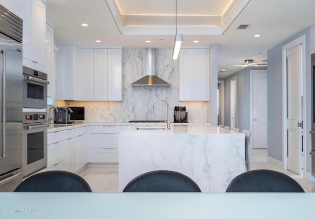 kitchen with visible vents, appliances with stainless steel finishes, a tray ceiling, and wall chimney range hood