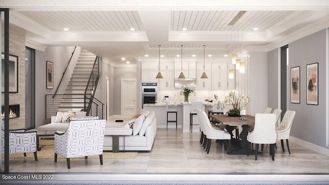 dining room with wooden ceiling, crown molding, and a raised ceiling