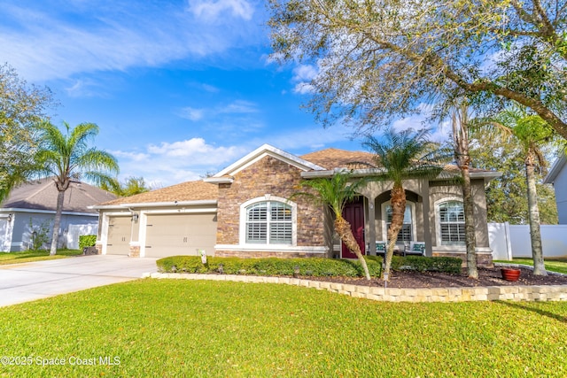 single story home featuring driveway, a garage, fence, and a front yard