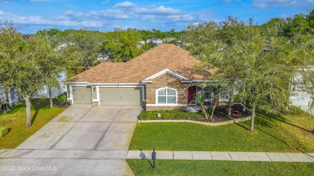 ranch-style house featuring an attached garage, a shingled roof, driveway, stone siding, and a front yard