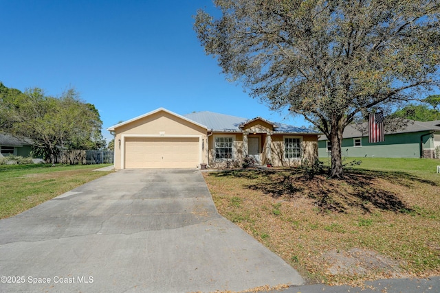 ranch-style house featuring concrete driveway, stucco siding, an attached garage, fence, and a front yard