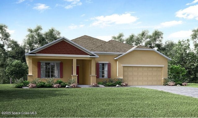 view of front of property with a front yard, driveway, an attached garage, and stucco siding