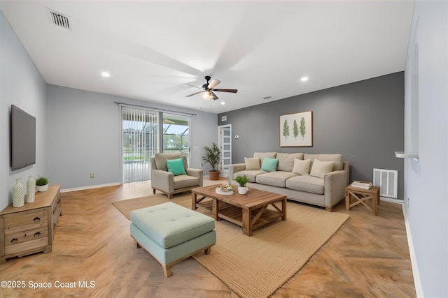 living room featuring visible vents, recessed lighting, baseboards, and a ceiling fan