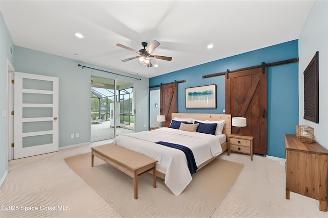 bedroom featuring recessed lighting, a barn door, light carpet, and access to outside