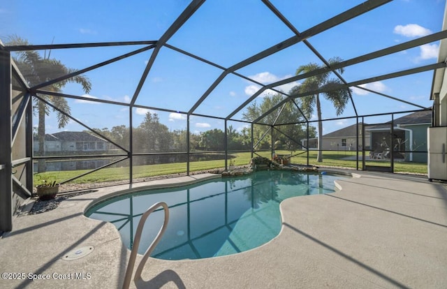 outdoor pool with a lanai, a yard, and a patio