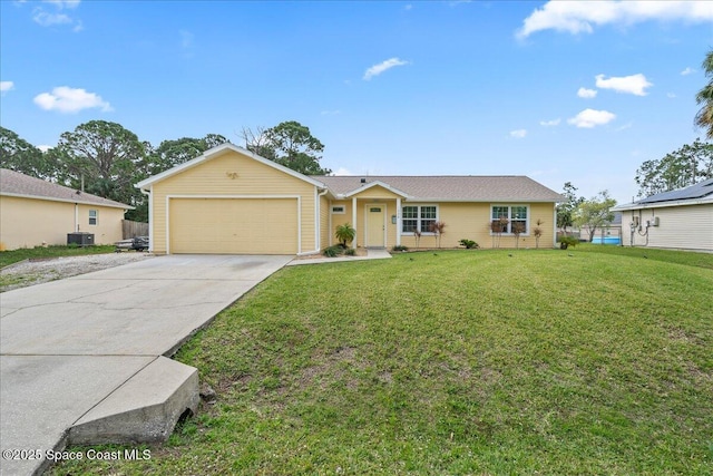 ranch-style house featuring concrete driveway, a front lawn, an attached garage, and fence