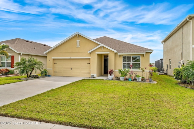 view of front of property with a garage, concrete driveway, roof with shingles, stucco siding, and a front yard