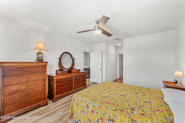 bedroom featuring ceiling fan and wood finished floors