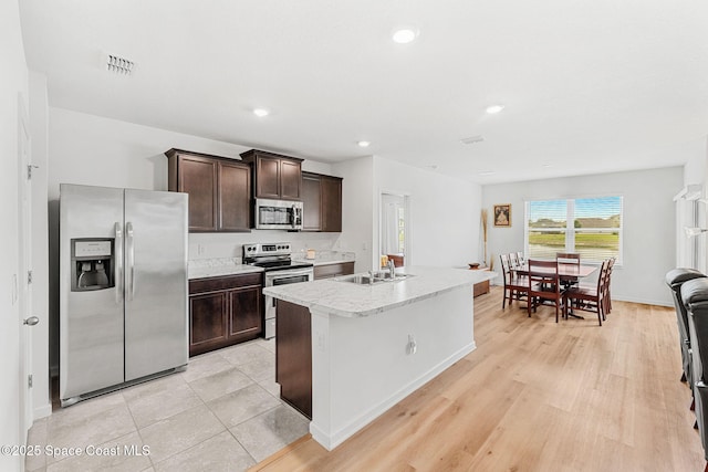 kitchen with dark brown cabinetry, a sink, visible vents, appliances with stainless steel finishes, and a center island with sink