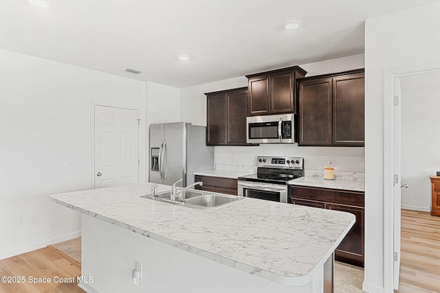 kitchen featuring stainless steel appliances, light wood finished floors, a sink, and visible vents